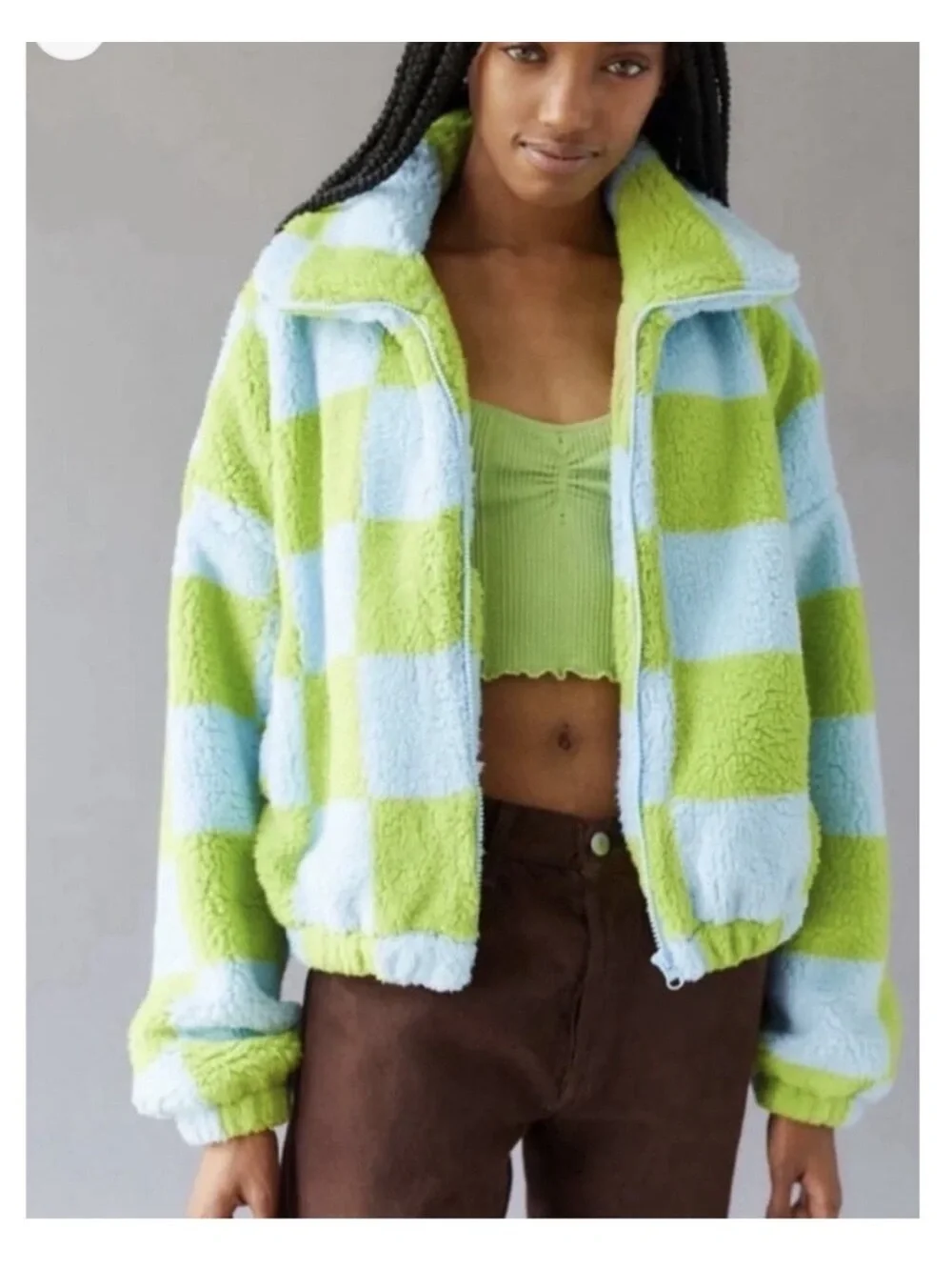 Urban Outfitters Blue & Green Checkerboard Sherpa Puffer Jacket Size Medium